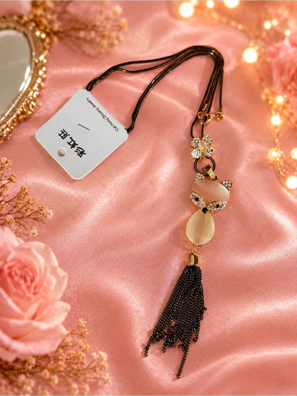 Elegant Pink Cat Pendant Necklace with Black Tassel